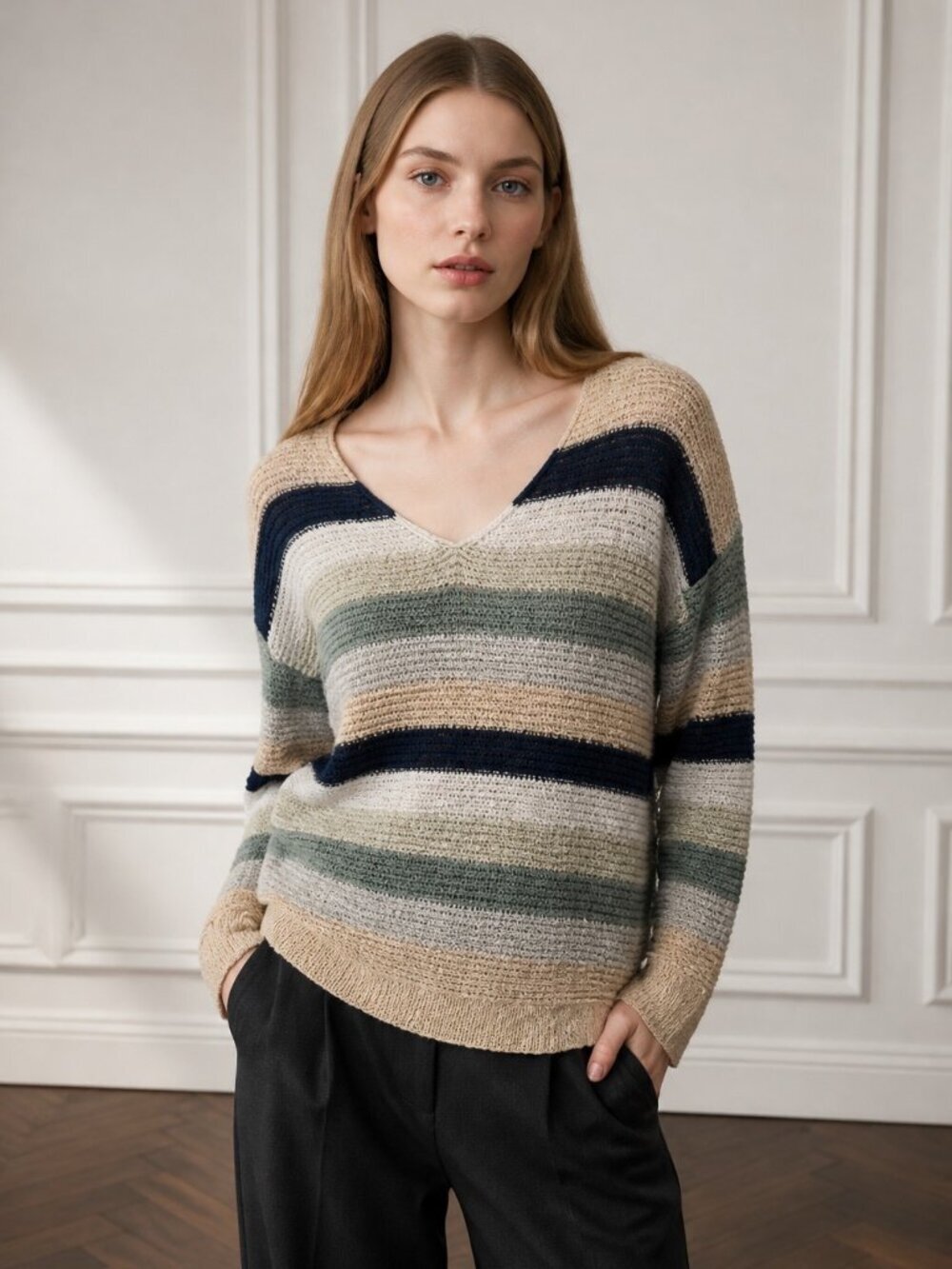 Knox Rose Striped Knit Sweater Women Large Stretch Work Casual Indie Boho School